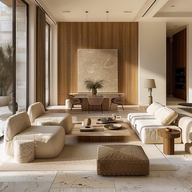 Phòng khách ấm áp với đá travertine, gỗ ốp tường và ánh sáng vàng (ảnh minh hoạ phong cách)